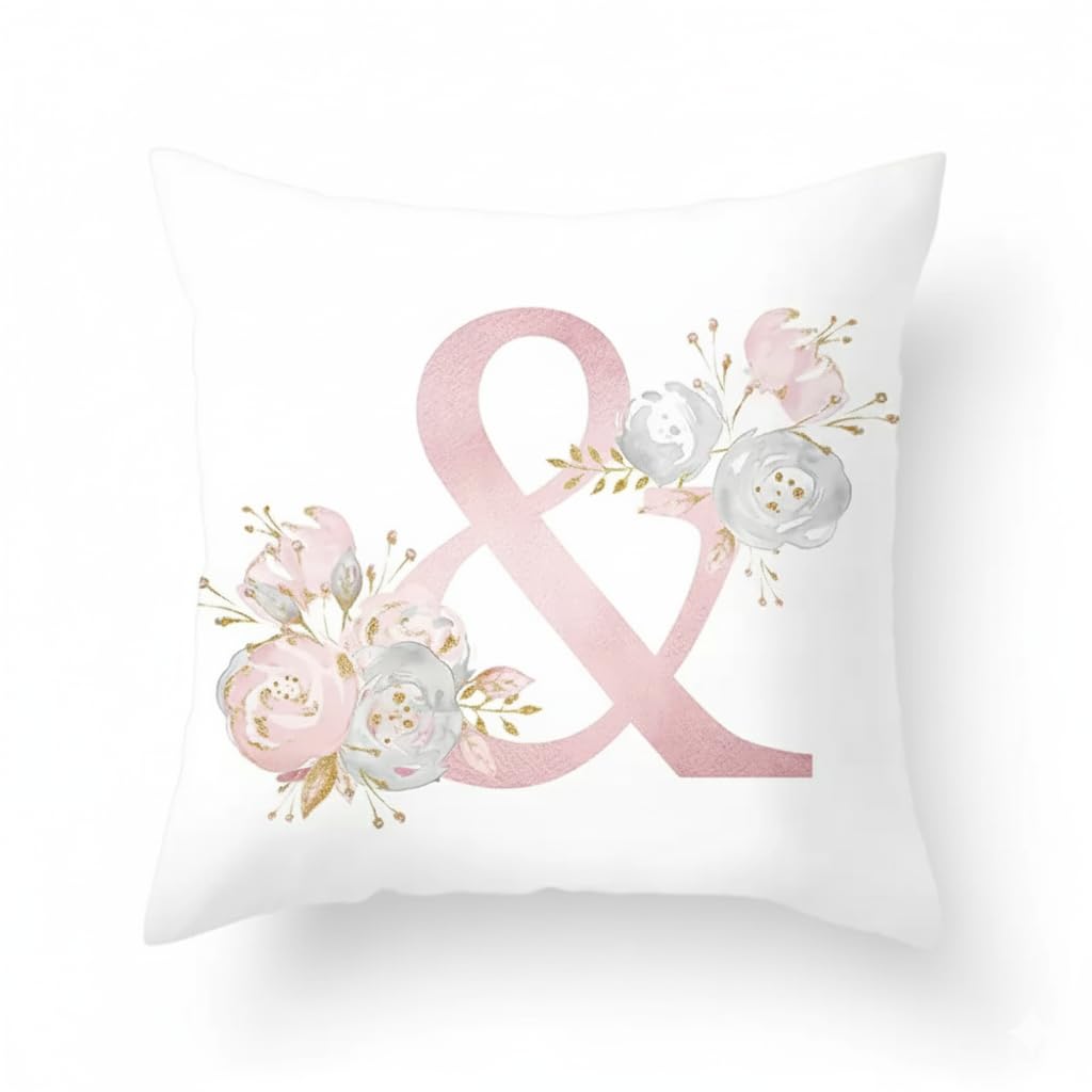 PRK 14 White Cushion Covers - Character (&) Pillow Case, Cute Floral Alphabet Decorative Throw Square Protectors for Sofa, Couch, Bedroom, Chair - 45cm x 45cm โ image 1