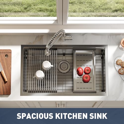 Undermount Kitchen Sink, 32x19 Inch Stainless Steel Kitchen- Single Bowl Sinks, Modern Top Mount 16 Gauge Workstation Sink-with Cutting Board for Bar, Silver (Not Included Faucet)