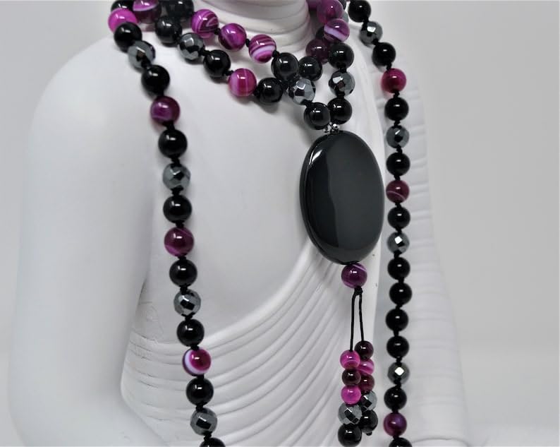 Naturalny onyks, agat, hematyt, 8 mm-7 x 3 mm, 108 koralików mala, duchowe, koraliki medytacyjne, Reiki, Japa Mala, buddyjskie koraliki modlitewne, bransoletka do jogi, koraliki lecznicze