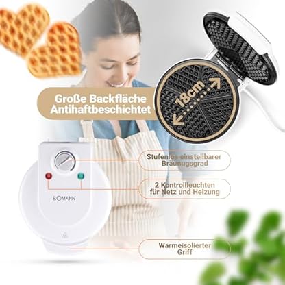 Bomann® Waffeleisen mit großen Backflächen | ⌀ 18 cm | Antihaftbeschichtung | schnelle Zubereitung | Waffeleisen Herzform | Waffle Maker | stufenlos regelbarer Bräunungsgrad | WA 5018 CB weiß – Bild 6