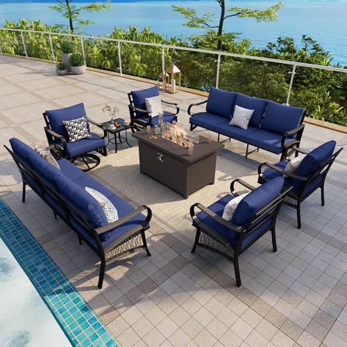 Image of 8-Piece Outdoor Furniture Set, Metal Swivel Rocking Chairs with All-Weather Cushions, Patio Conversation Set with Fire Pit Table for Deck, Porch, Garden, Backyard, Poolside (Blue Cushions)