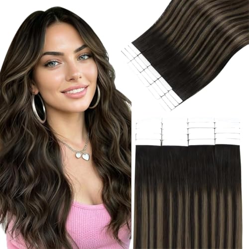 Image of Easyouth Balayage Tape in Hair Extensions Human Hair 18In Tape in Human Hair Extension Dark Brown Ombre Brown Tape Hair Extensions Soft and Silky 20pcs Lightweight and Gentle Hair Extension Tape in