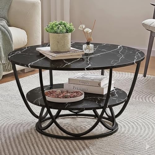 Image of CROWN ART SHOPPEE Round Storage Coffee Table Contemporary Coffee Table for Living Room Wood Top with Metal Frame (Black Black O)