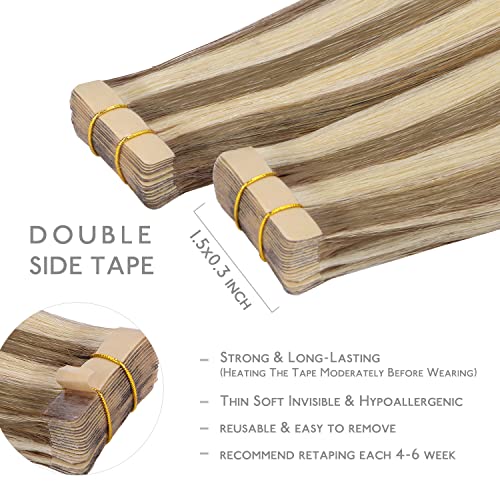 Image of WENNALIFE Tape in Hair Extensions Human Hair, 20pcs 50g 20 inch Ash Brown with Platinum Blonde Highlights Remy Hair Extensions Straight Human Hair Tape in Extensions Skin Weft Tape Extensions