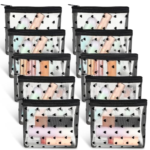 10pcs Mini Mesh Makeup Bags Zipper, Heart Print Cosmetic Bags 3D Heart-shaped Storage Pouch Small Nylon Organizer Purse Bag for Women Lipstick Travel Home Offices Toiletry(Beige)