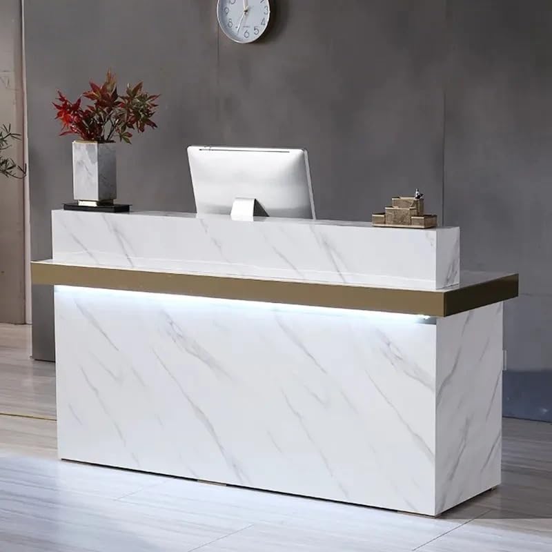 Image of Luxury White Front Desk Counter with Gold Accent Lighting for Office Lobby, Salon, and Hotel, Shopping Mall, Shop, Modern Marble Commercial Reception Areas - (RCT-80 LPB L6W2)