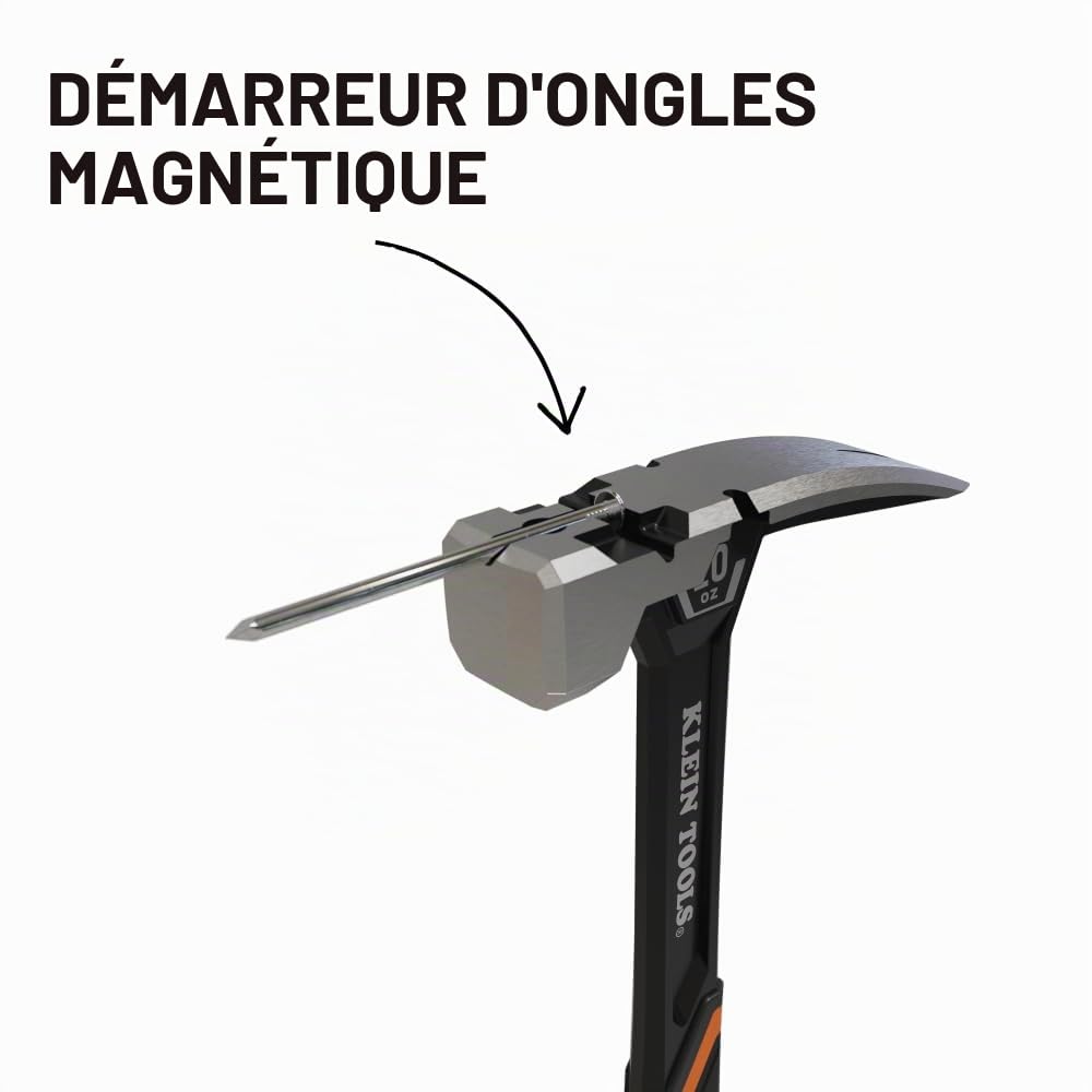 Klein Tools H80920S Marteau de charpentier à tête lisse avec griffe droite, acier forgé, extracteur de clous magnétique et surface de frappe carrée extra large