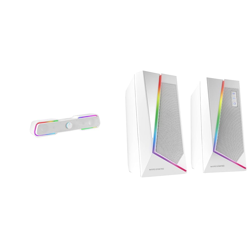 MARSGAMING Mars Gaming MSBX Blanc, Barre de Son RGB, Bluethooth 5.0 + Jack 3.5, Son DSP 10W & Mars Gaming MS7, Haut-Parleurs RGB, Bluethooth 5.0 + Jack 3.5, DSP Sound 20W, Blanc