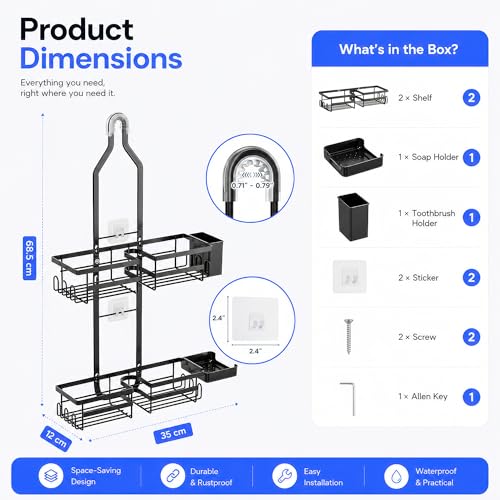 Image of amazon basics Hanging Shower Caddy for Bathroom | Bathroom Organiser Without Drill | Bathroom Accessories Storage Organizer