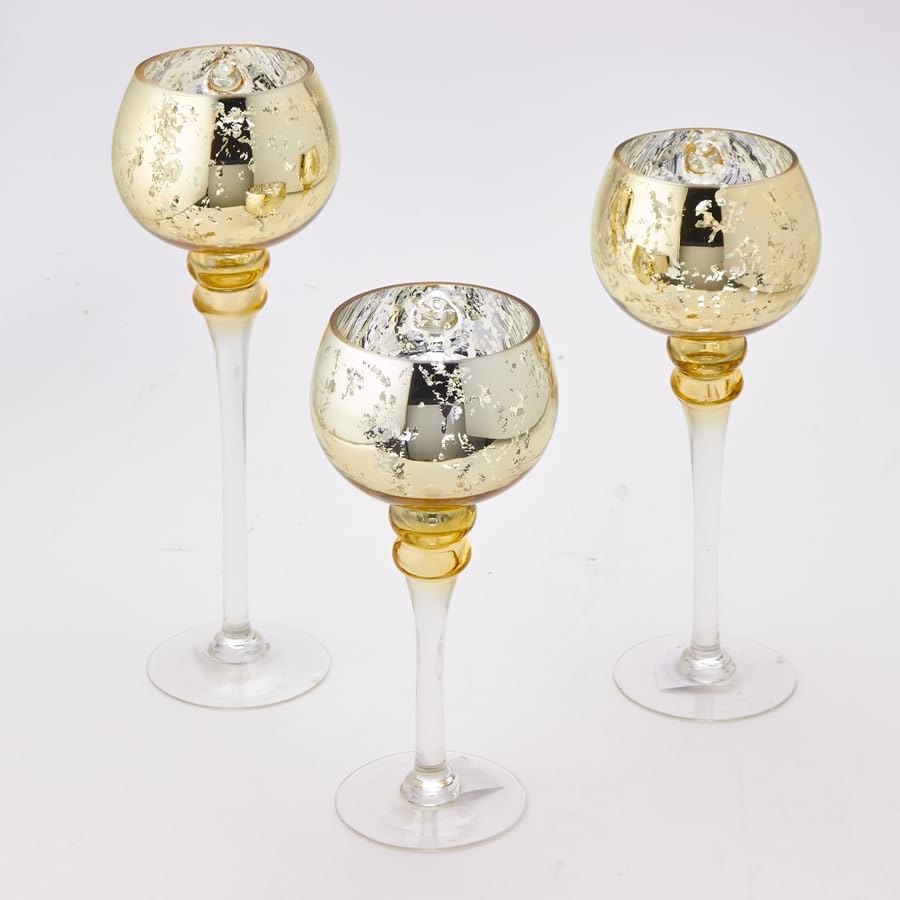 Set of 3 Mercury Gold Glass Long Stem Candle Holder Set (Overall Height: 16in, 14in, 12in)