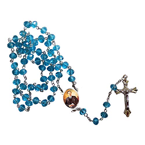 Jose Gregorio Hernandez Medico Venezolano Aquamarine Crystal Faceted Rondelle 8mm Beads Rosary with Silver Plated Crucifix and Medal Centerpiece Includes a Prayer Card