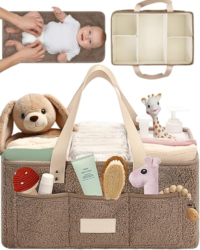 Image of Toodly Baby Diaper Caddy Organizer with Portable Changing Mat - Teddy Fleece Diaper Organizer for Changing Table - Basket for Changing Essentials - Baby Essentials Organizer with Removable Dividers