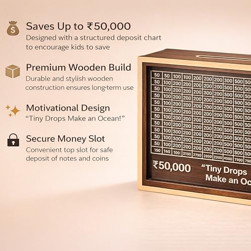 Image of Premium Wooden Money Bank with Lock - Vintage Coin Saving Box for All Ages - Ideal for Cash, Coins, Donations & Home Decor (50K Money Box, 1, Count)