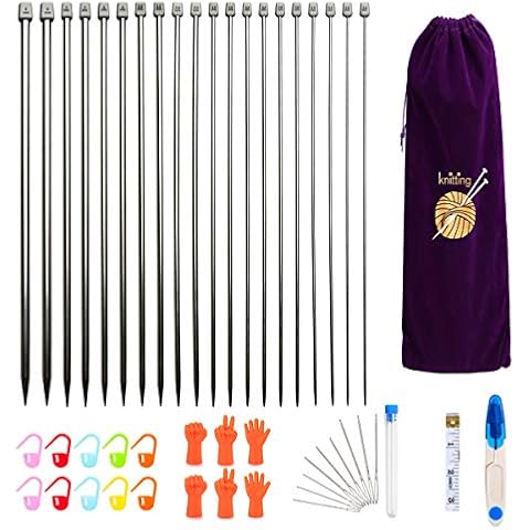 KOKNIT 13.5'' Knitting Needle Set, 22PCS 2mm(B)-8mm(L) Straight Lightweight Single Pointed Stainless Sweater Needles Set with Teel Slocking Stitch Makers Cover