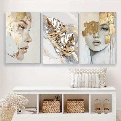 Toile visage féminin bohème tableau feuilles dorées déco murale chambre ZHAOLIN 50x70