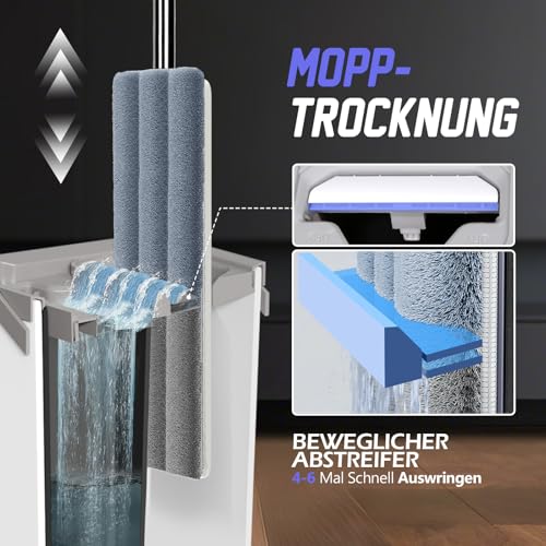 Masthome Wischmopp Set mit Eimer,Bodenwischer Set mit 10 Mikrofaser Pads und Langem Edelstahl Griff,Putzeimer mit Wischmop,Wischmopp mit Auswringfunktion für Alle Böden,Weiß – Bild 4