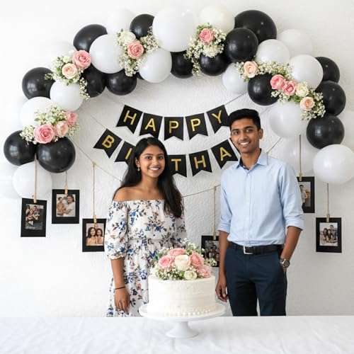 Image of Party Propz Black and White Birthday Decoration Kit - 41 Pcs, Happy Birthday Banner, Balloons, Photo Frames with Clips, Elegant Birthday Decoration Kit for Kids & Adults