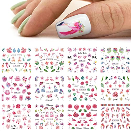 Flamingo Nail Art Sticker Nail Art Supplies Flamingo Flower Water Transfer Stickers Flamingo Flowering Season Decoration Design Wraps Festival Women Girls Diy Nail Accessories (Flamingo) #TOP6
