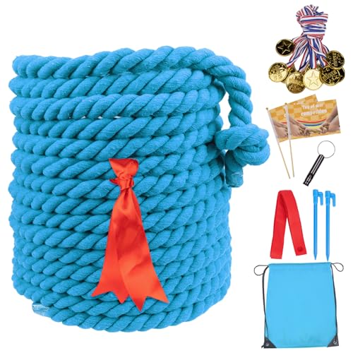 60FT Tug of War Rope,Tug a War Rope,Tug of War Rope Adult with 10 Medals,2 Flags,Whistle,2 Hooks,Demarcation,Ribbon and Storage Bag,Outdoor Backyard Game,Team Game