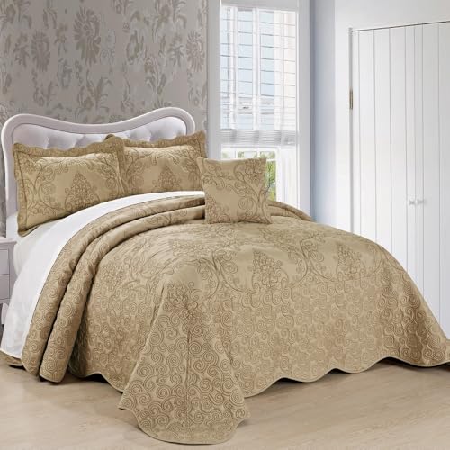 French Country Style 4 Piece Pretty Embroidered Geometric Pattern Oversized Queen Bedspread | All Seasons Shabby Chic Bedding Taupe Tan Brown Color Designer Aesthetic Look Soft Plush Cozy Feel