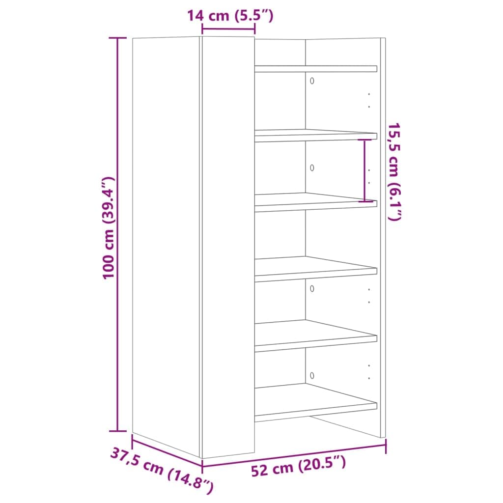 Szafka na buty, brązowa, imitacja dębu, wykonana z materiału drewnopochodnego z 5 półkami, 52 x 37,5 x 100 cm, nie zajmuje dużo miejsca, do przedpokoju, organizer dla kobiet, mężczyzn, dzieci