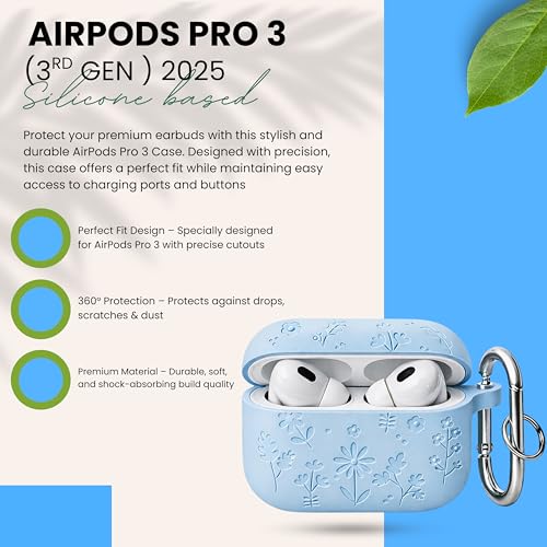 Image of Emoh Roced Case for Airpods Pro 3,Silicone Flower Engraved Cases Compatible with Apple AirPods Pro 3rd Generation 2025, Shockproof, Anti-Scratch, Protective Case Cover (Sky Blue, for AirPods pro 3)
