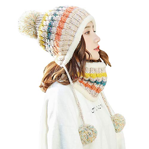 Ypser Women's Fleece Lined Beanie Ear Flaps Hat with Pompom Faux Knitted Hat Scarf Set