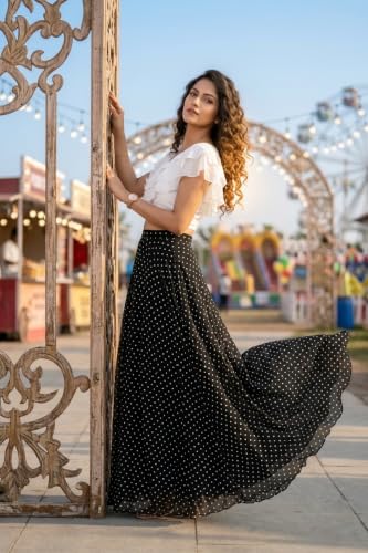 Image of Women's Lycra Top with Georgette Skirt | Polka Dot Print Long Flared Maxi | Full Length Flowy Skirt for Women | Stylish Casual Wear