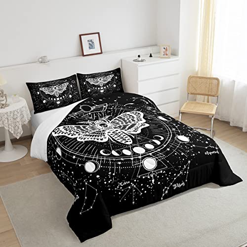 Kids Boho Moth Comforter Set Queen Boys Gothic Skull Bedding Set For Men Women Bedroom Decor Bohemian Moon Starry Sky Comforter Exotic Moth Skull Skeleton Bones Duvet Set Teens Quilt Set, Black White #TOP3
