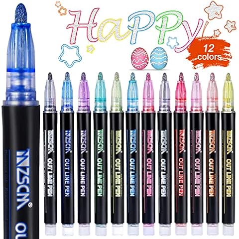 KETIEE Outline Pens, 12 Colors Metallic Outline Marker Pens, Super-Squiggles-Shimmer Markers Pens Magic Pens for Easter Eggs Painting Birthday Greeting DIY Art Crafts Stationery Gifts for Women Kids Cover