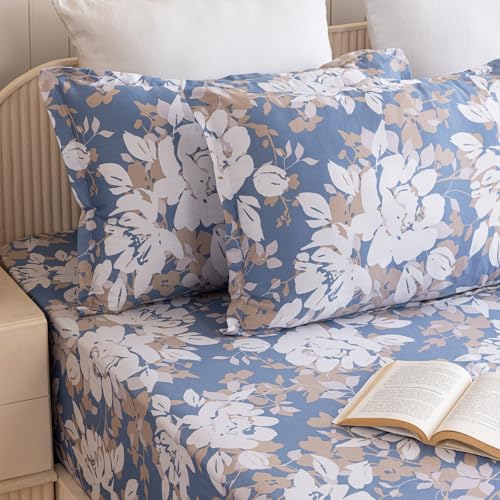 Image of HOMEMONDE 210 TC Cotton Fitted Bedsheet for King Size Bed 84 x 78 Inch, Blossom Haze Design, 2 Matching Pillow Covers & Premium Gift Box Included