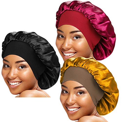 3 Pieces Wide Elastic Band Satin Sleep Bonnet Soft Night Sleeping Cap for Women Haircare