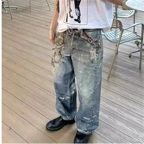 Men's Summer Loose-Fit Denim Pants with Chain Printing Sensibility High Street Vintage Jeans2