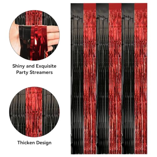 Image of 2 Pack Fringe Curtains Backdrops, Foil Fringe Curtains, Door Streamers for Birthday Wedding Bridal Shower Holiday Graduation Party Decorations Black Red