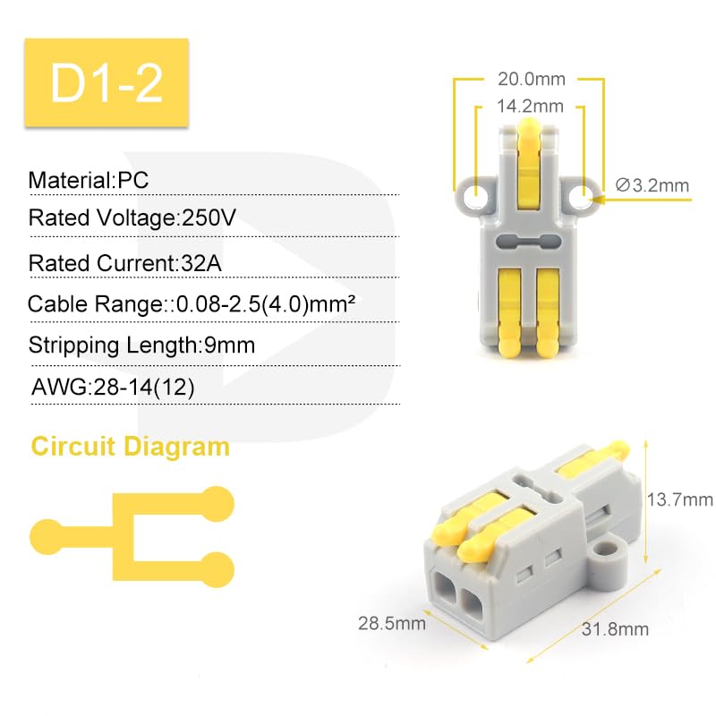 1 in Multiple Out Lever Wire Connectors 28-12 AWG Push-in Compact Splicing Wiring Terminals Quick Disconnects Home Junction Box(D1-2Y)