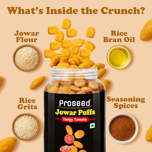 Image of Proseed Jowar Puffs (Tangy Tomato) | 150g x 3 Packs (Total 450g) | Slow Roasted & 100% Veg | No Refined Flour, Sugar & Trans-Fat | Gluten Free | No Palm Oil | Healthy Travel Friendly Millet Snacks