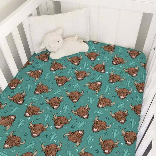 Image of Highland Cows Green Cactus Baby Crib Sheet 52''x28'' Highland Yak Stars Stretchy Fitted Crib Mattress Cover for Boy Girl Animal Wild Plants Soft Baby Sheets for Standard Crib and Toddler Mattress