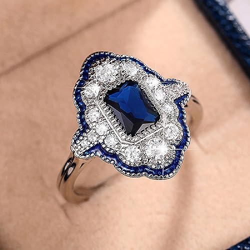 Vintage Turkish Style Peacock Blue Gemstone Ring Jewelry Gift for Women, Court Style Emerald cut Blue & White Cubic Zirconia Wedding Ring Jewelry Size 6-103