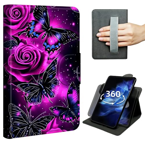 DIGTIALL Case for Kindle Fire HD 8 & 8 Plus Tablet (12th & 10th,2024/2022/2020), 360° Rotating Stand Cover with Hand Strap, Shockproof Protective Folio with Auto Sleep/Wake,Purple Rose Butterfly