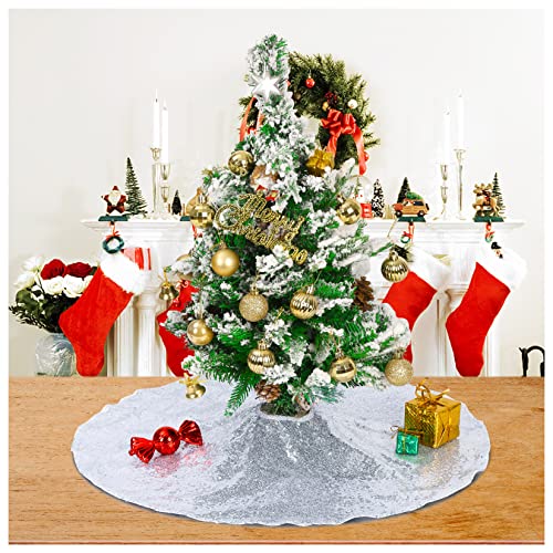 Glitter Christmas Tree Skirt 24 Inches Round Silver Small Sequin Tree Skirt Fabric For Christmas Tree Decorations Xmas Ornaments #TOP4