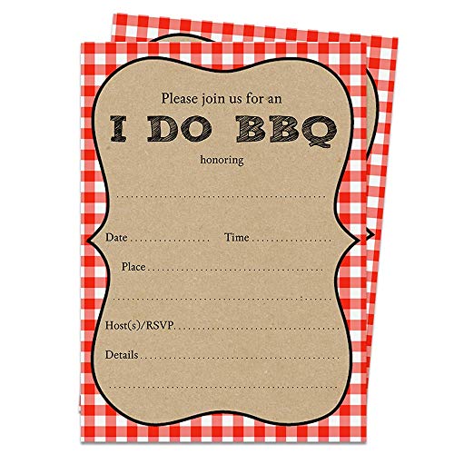 I Do BBQ Bridal Shower Fill in the Blank Invitations Barbecue Wedding Party Invites Rehearsal Dinner Picnic Couples Gingham Grill Cook Out Chalkboard Plaid Bachelor Bachelorette Cards (15 Count)