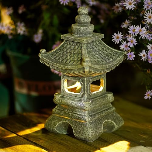 Solar Pagoda Lantern Garden Statue Japanese Zen Lantern Outdoor Decor with LED Light for Landscape Balcony Patio Porch Yard Art Ornament