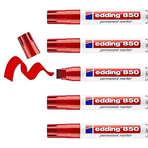 Edding 850 Marqueur permanent - rouge - 5 stylos - pointe biseautée 5-15 mm - pour des marquages larges - sèche vite, résiste à l'eau et aux frottements -...