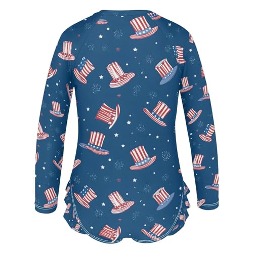ALAZA American Flag Hat Blue Girls One Piece Swimsuit Long Sleeve Rashguard Swimsuit UV 50+ Swimwear Zip3