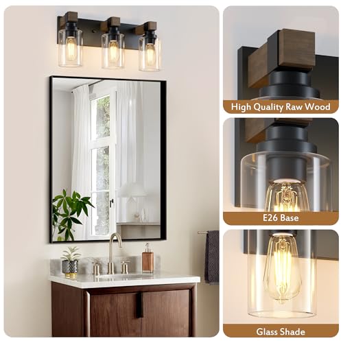 Image of Farmhouse Bathroom Vanity Light Fixtures, Rustic 3-Light Wood Vanity Lights for Bathroom, Vintage Black Wall Sconces Lighting, Light fixtures Over Mirror, with Glass Shade