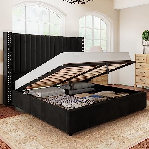 JocislandLift up Storage Bed Frame Queen Size, Upholstered Platform Bed Velvet with Channel Tufted Wingback Headboard, No Box Spring Needed, Black