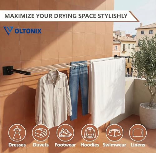 Image of Metal Foldable Wall Mount Cloth Drying Stand with 30 Feet Rope, Space Saving, Wall Mounted, for Balcony and Indoor Use (Black)