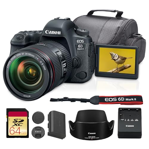 Canon EOS 6D Mark II DSLR Camera with 24-105mm f/4L II Lens Bundle | 26.2MP Full-Frame Sensor, Dual Pixel CMOS AF & Vari-Angle LCD | for Travel & Everyday Photography (1897C009) + 64GB Card + Bag