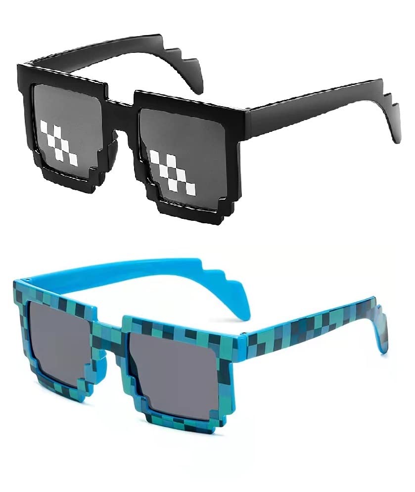 2 pcs Thug Life Sunglasses Mosaic Pixel Sunglasses Adult Kids Party Favors（Blue,Black）2