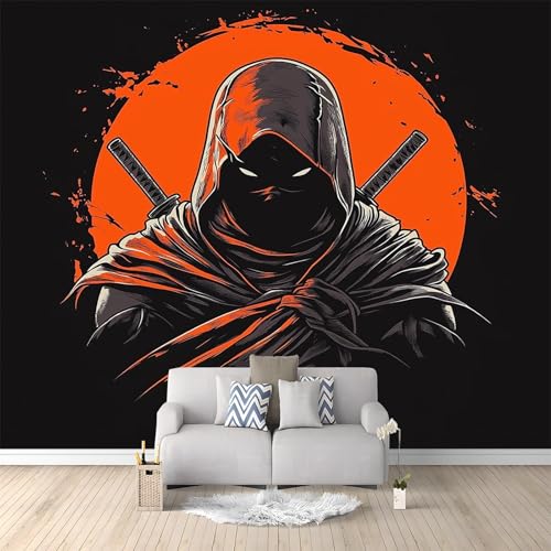 Papel pintado fotográfico no tejido 300 x 210 cm Gigante Póster Personaje De Máscara De Dibujos Animados Decoración, Naranja Negro Decoración de pared de papel tapiz panorámico 3D